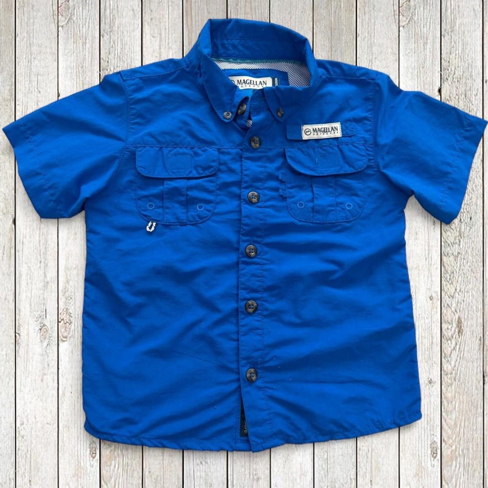 Magellan Outdoors Boys Fishing Shirt Blue Short Sleeve Vented Performance Size 4
